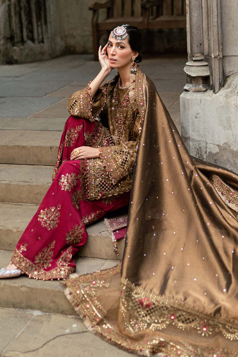MARIA B Soiree Unstitched Embroidered Raw Silk Suit WF-09-04-Tambaku Brown