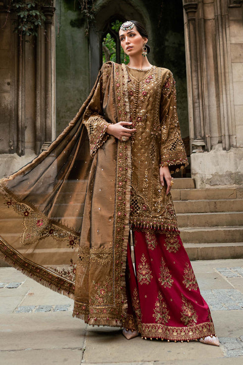 MARIA B Soiree Unstitched Embroidered Raw Silk Suit WF-09-04-Tambaku Brown