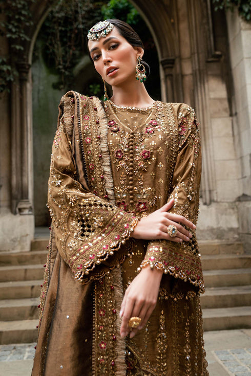 MARIA B Soiree Unstitched Embroidered Raw Silk Suit WF-09-04-Tambaku Brown
