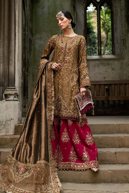 MARIA B Soiree Unstitched Embroidered Raw Silk Suit WF-09-04-Tambaku Brown