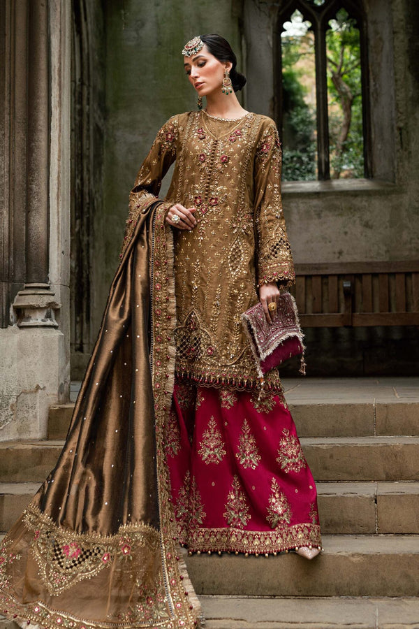MARIA B Soiree Unstitched Embroidered Raw Silk Suit WF-09-04-Tambaku Brown